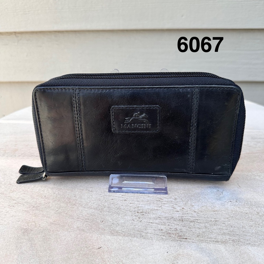 Mancini Black Leather Double Zip Around Accordion Clutch Wallet 7.5x4.25